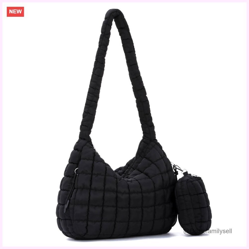 Large Quilted Puffer Tote Bag Crossbody Carryall with Zipper Pouch